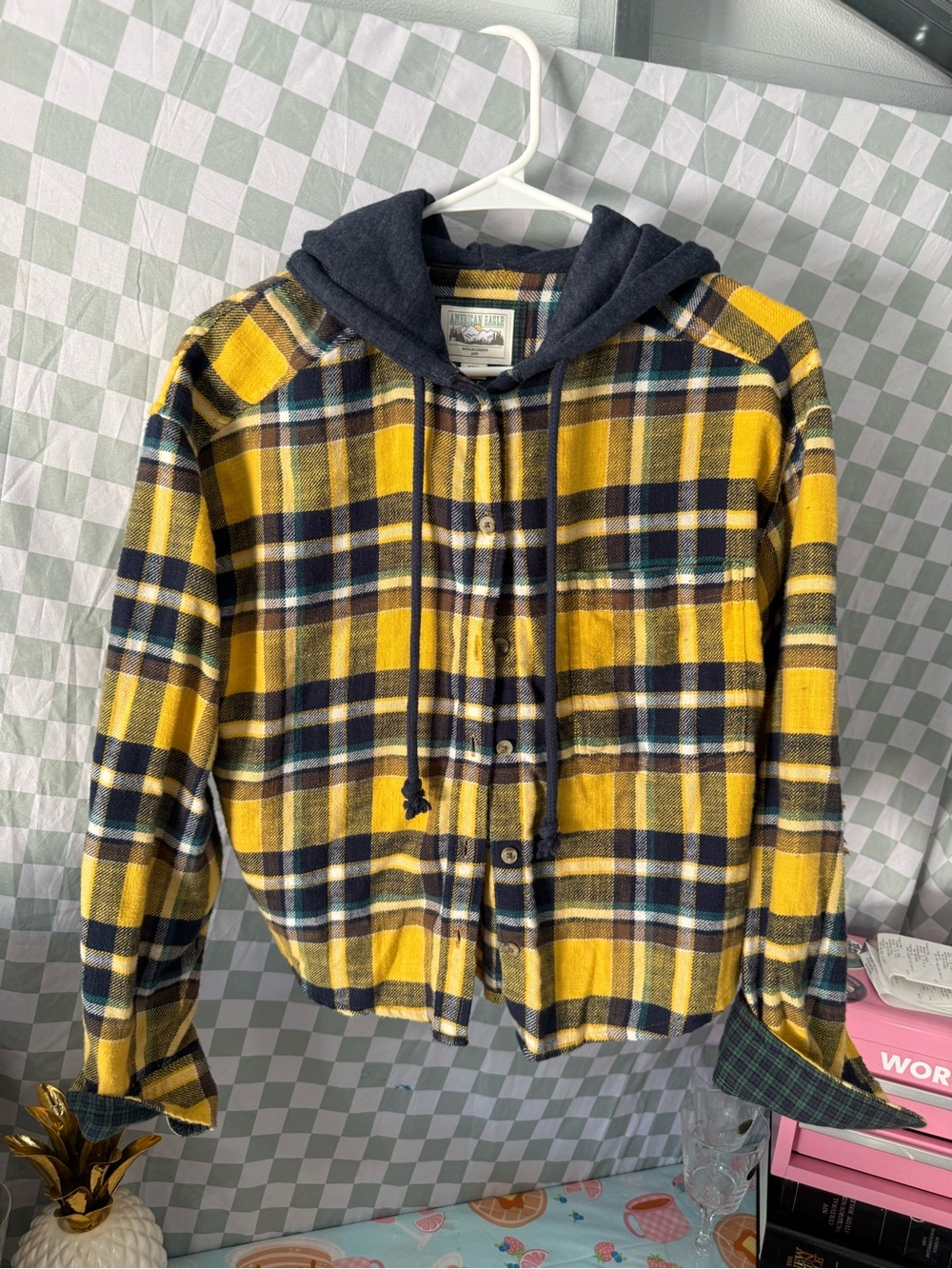 American Eagle Outfitters Yellow & Navy Plaid Hooded Shirt Jacket